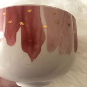 Anthropologie Night Sky Bowl Stoneware Red Pink Drip Watercolor Wash Gold Star
